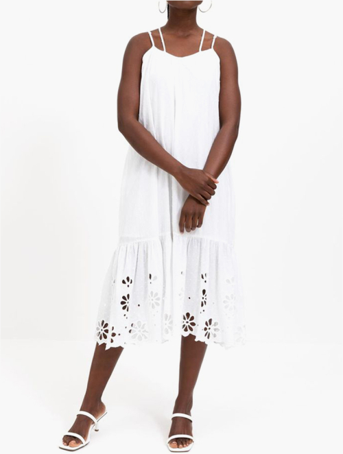 Shop Woolworths White Strappy Tiered Dobby Broderie Anglaise Midi Dress